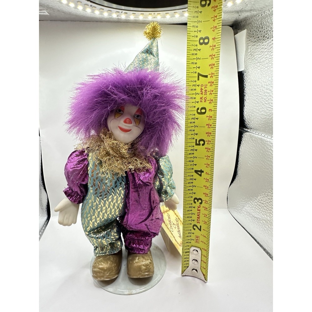Collectors Choice Porcelain Clown Doll 8,6"Purple Hair Blue Eyes w/ Certificate